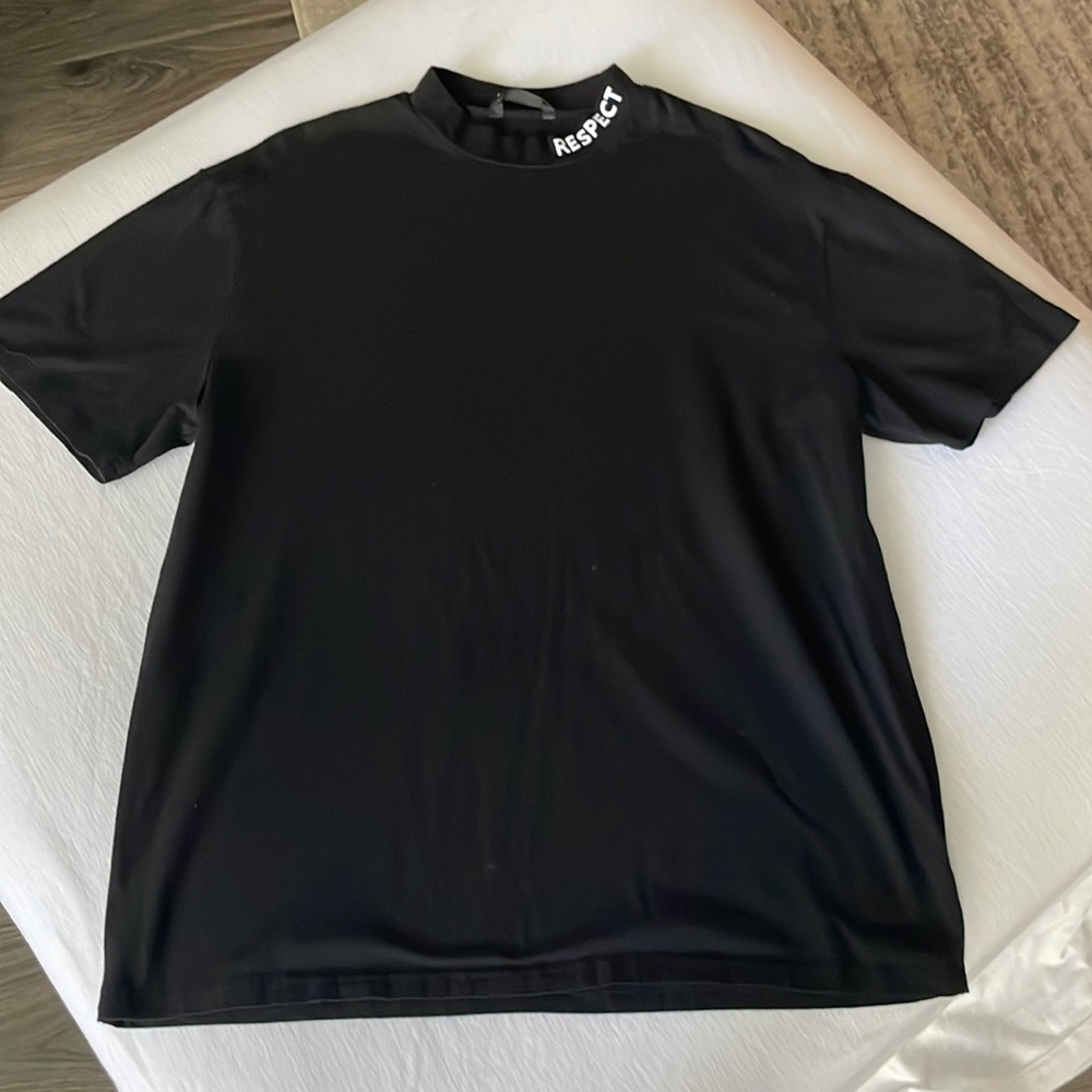 Black T shirt mens L, neck line says “respect”
